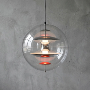 VP Globe Pendant Lamp - Chrome Finish Illuminated Minimalist Concrete Wall | HoaiLamp