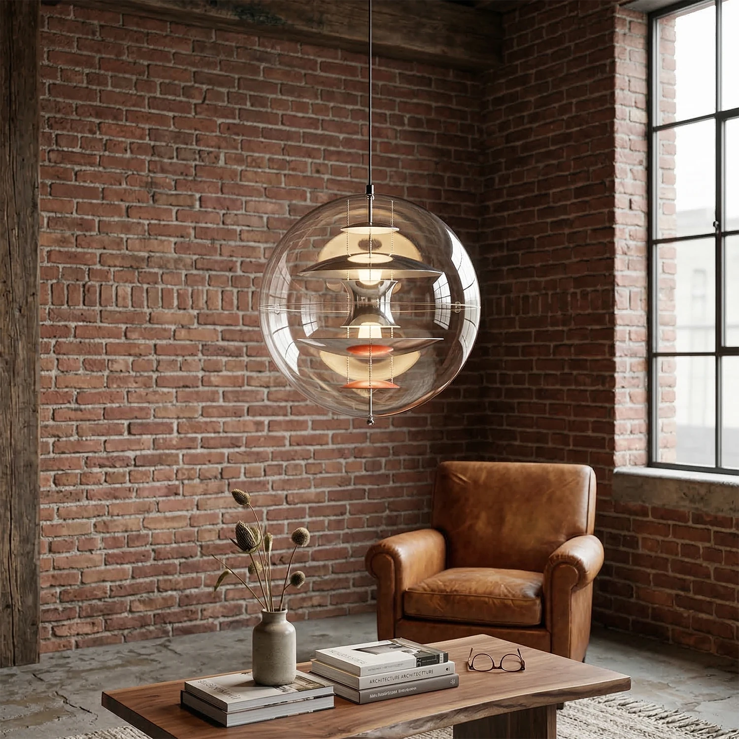 VP Globe Pendant Lamp - Industrial Loft Textured Brick Wall Caramel Leather Armchair | HoaiLamp
