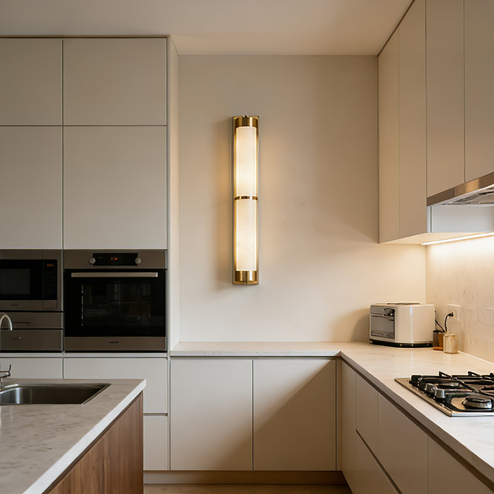 VUUE Cylindra Alabaster Brass Wall Light - Contemporary Kitchen Counter White Cabinets | HoaiLamp