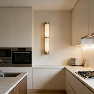 VUUE Cylindra Alabaster Brass Wall Light - Contemporary Kitchen Counter White Cabinets | HoaiLamp