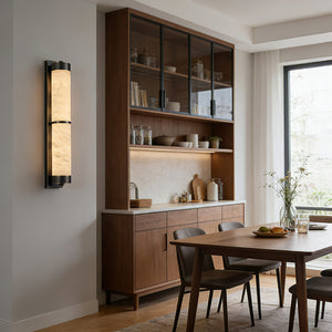 VUUE Cylindra Alabaster Brass Wall Light - Dining Area Dark Wood Hutch Cabinet | HoaiLamp