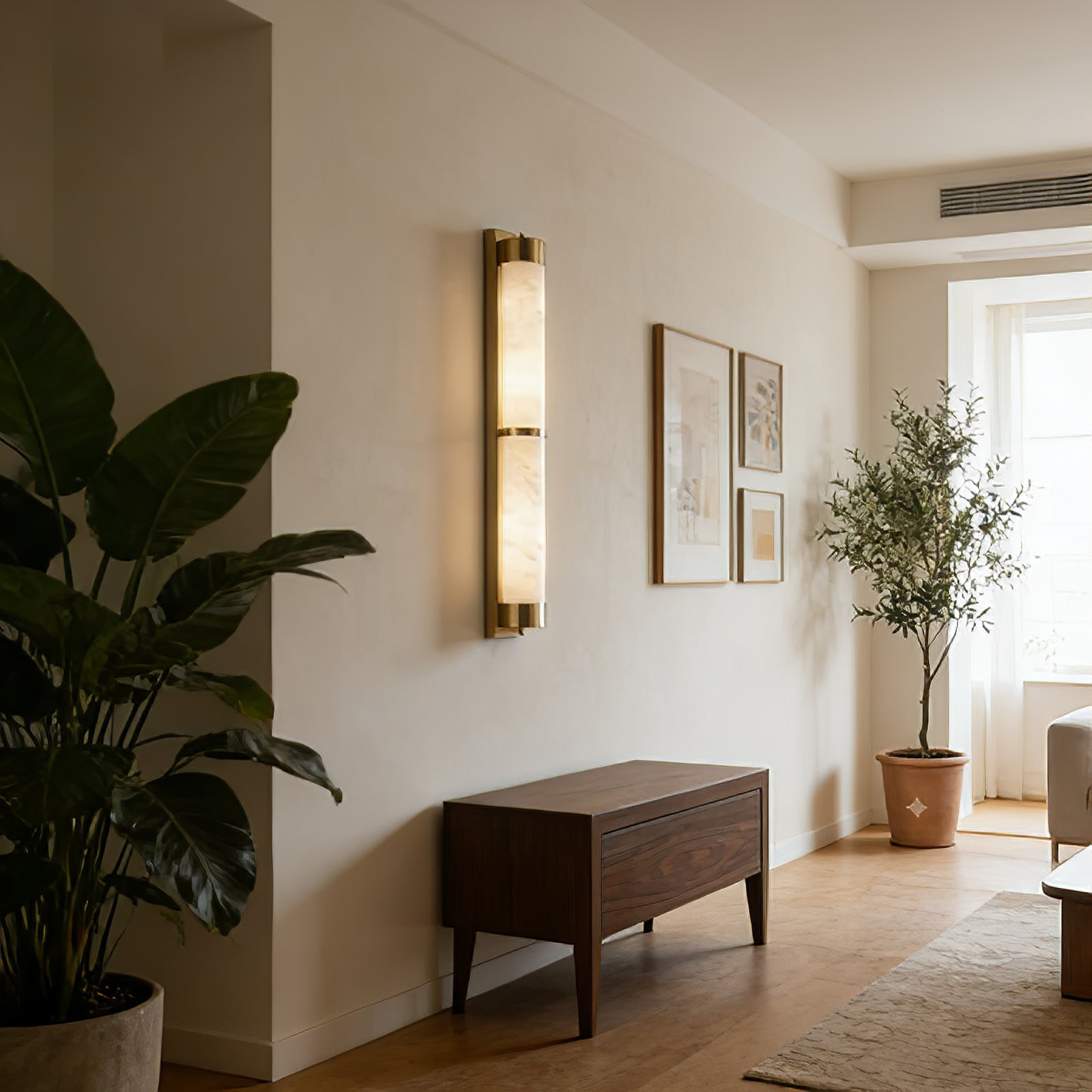 VUUE Cylindra Alabaster Brass Wall Light - Entryway Foyer Wooden Credenza Plant | HoaiLamp