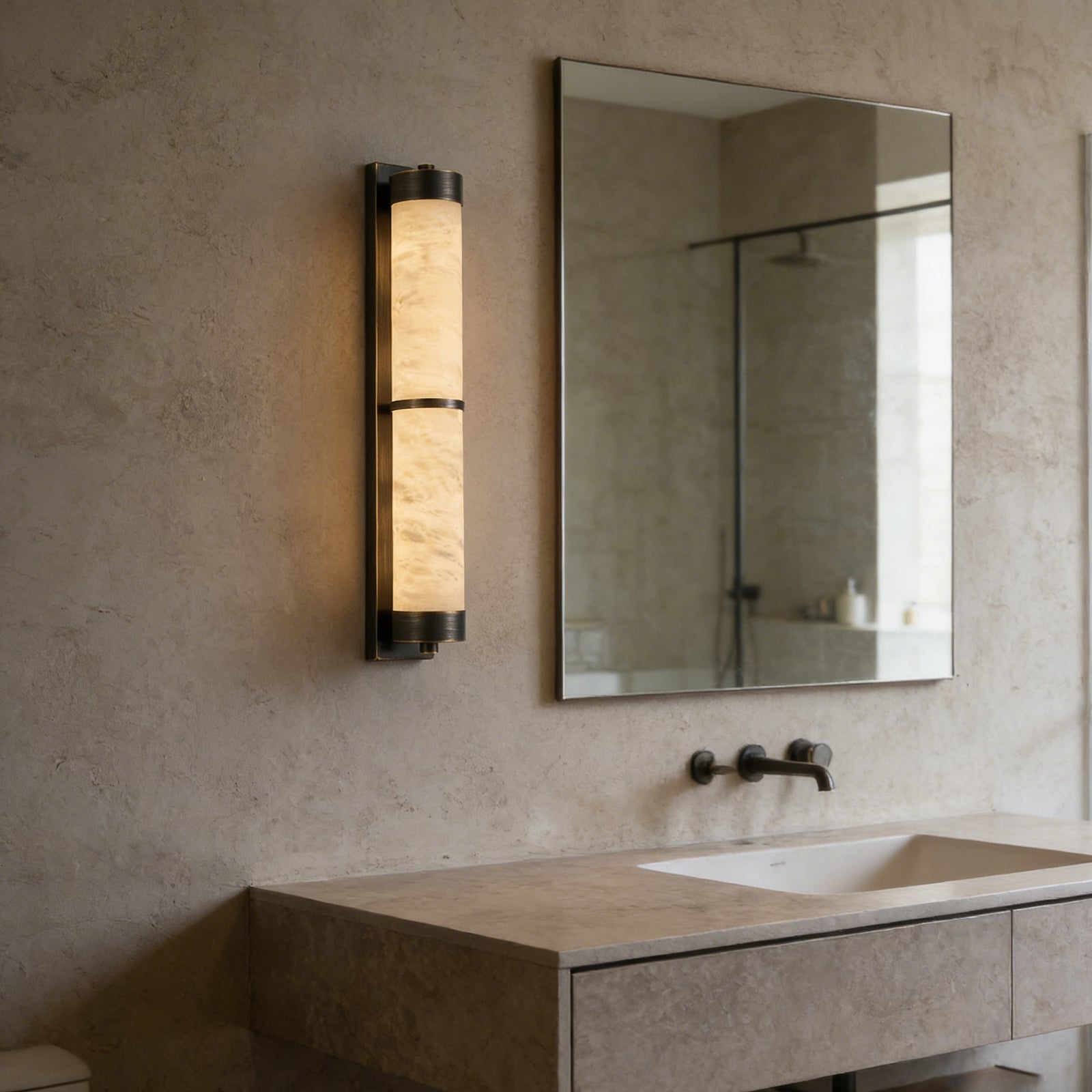 VUUE Cylindra Alabaster Brass Wall Light - Luxury Bathroom Vanity Mirror Concrete Wall | HoaiLamp