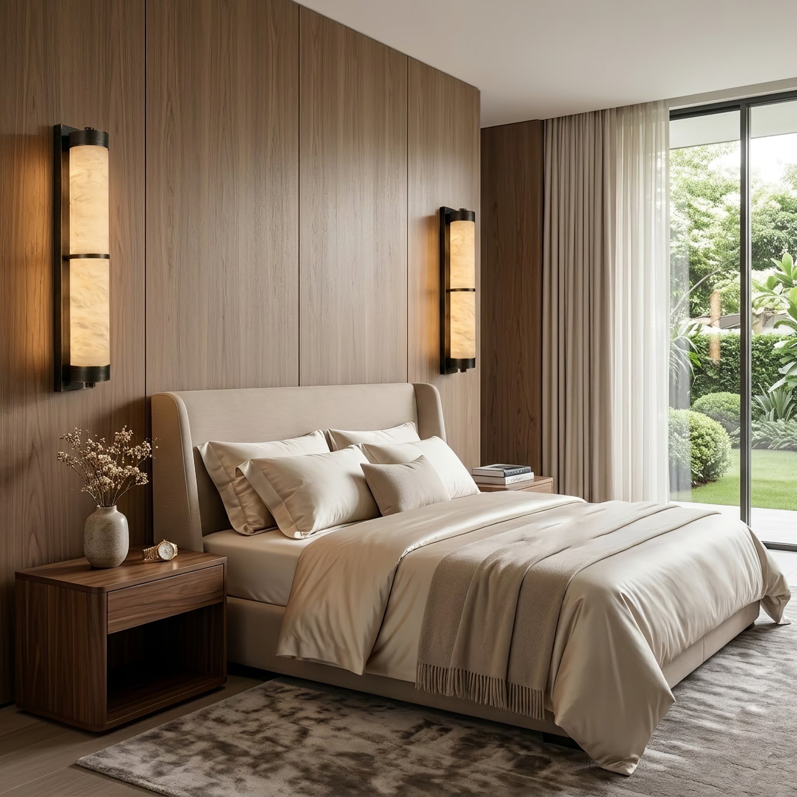 VUUE Cylindra Alabaster Brass Wall Light - Luxury Bedroom Wooden Paneling Garden View | HoaiLamp