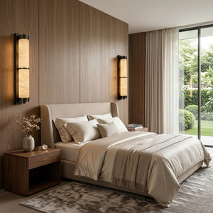 VUUE Cylindra Alabaster Brass Wall Light - Luxury Bedroom Wooden Paneling Garden View | HoaiLamp