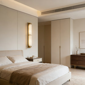 VUUE Cylindra Alabaster Brass Wall Light - Minimalist Cozy Cream Bedroom Suite Ambient | HoaiLamp