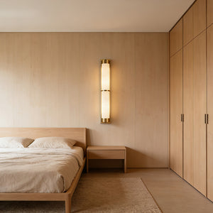 VUUE Cylindra Alabaster Brass Wall Light - Warm Wooden Bedside Wall Panel Accent | HoaiLamp