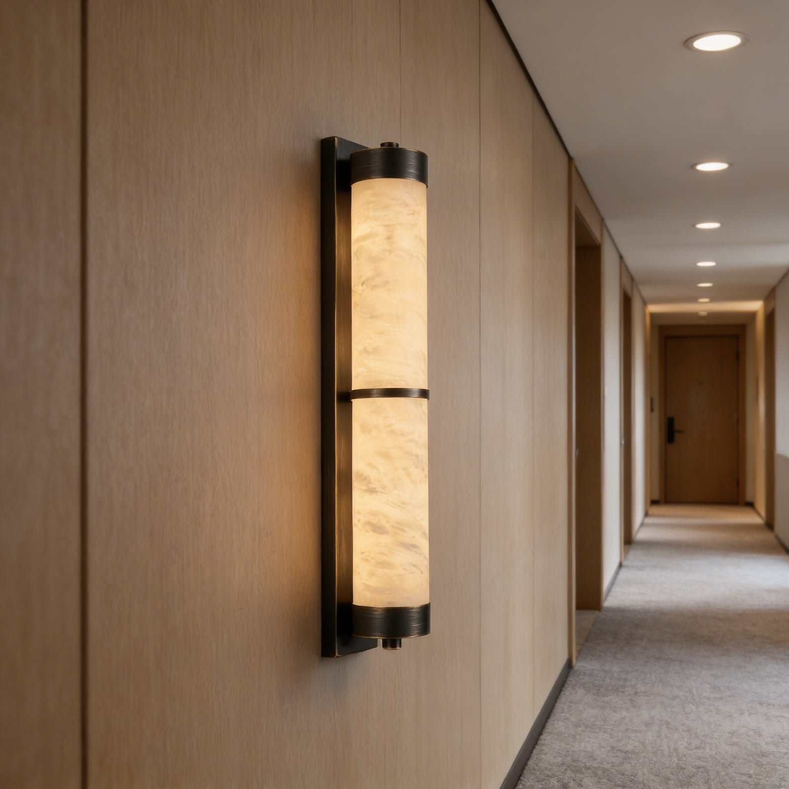 VUUE Cylindra Alabaster Brass Wall Light - Luxury Wood Paneled Hallway Corridor Passage | HoaiLamp