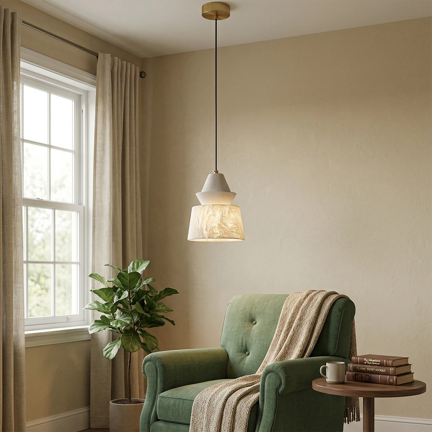White Alabaster Pendant Light - Serene Reading Nook | HoaiLamp