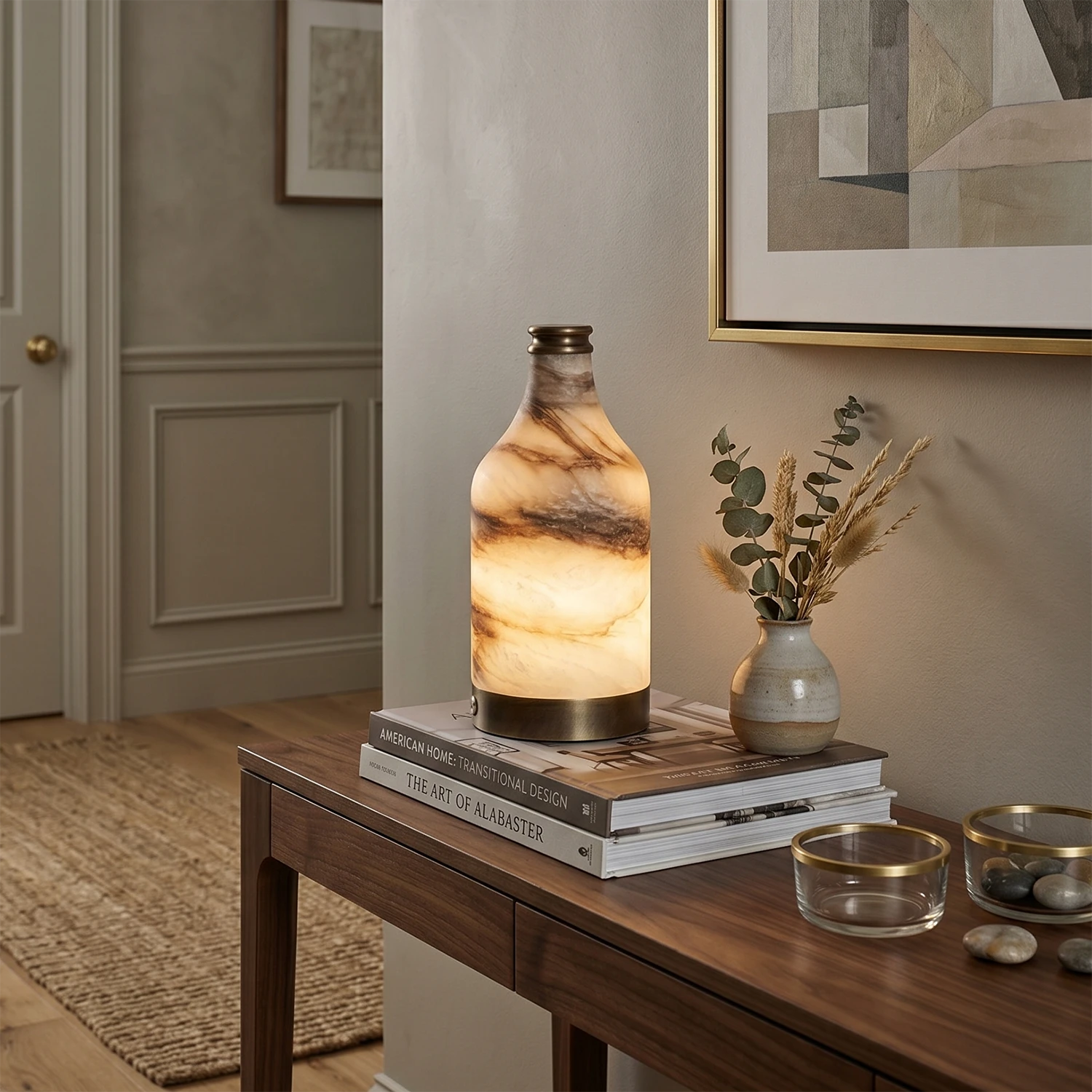 Wine Bottle Alabaster Table Lamp - Elegant Corridor Hallway Walnut Accent Table Art Books | HoaiLamp