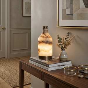 Wine Bottle Alabaster Table Lamp - Elegant Corridor Hallway Walnut Accent Table Art Books | HoaiLamp