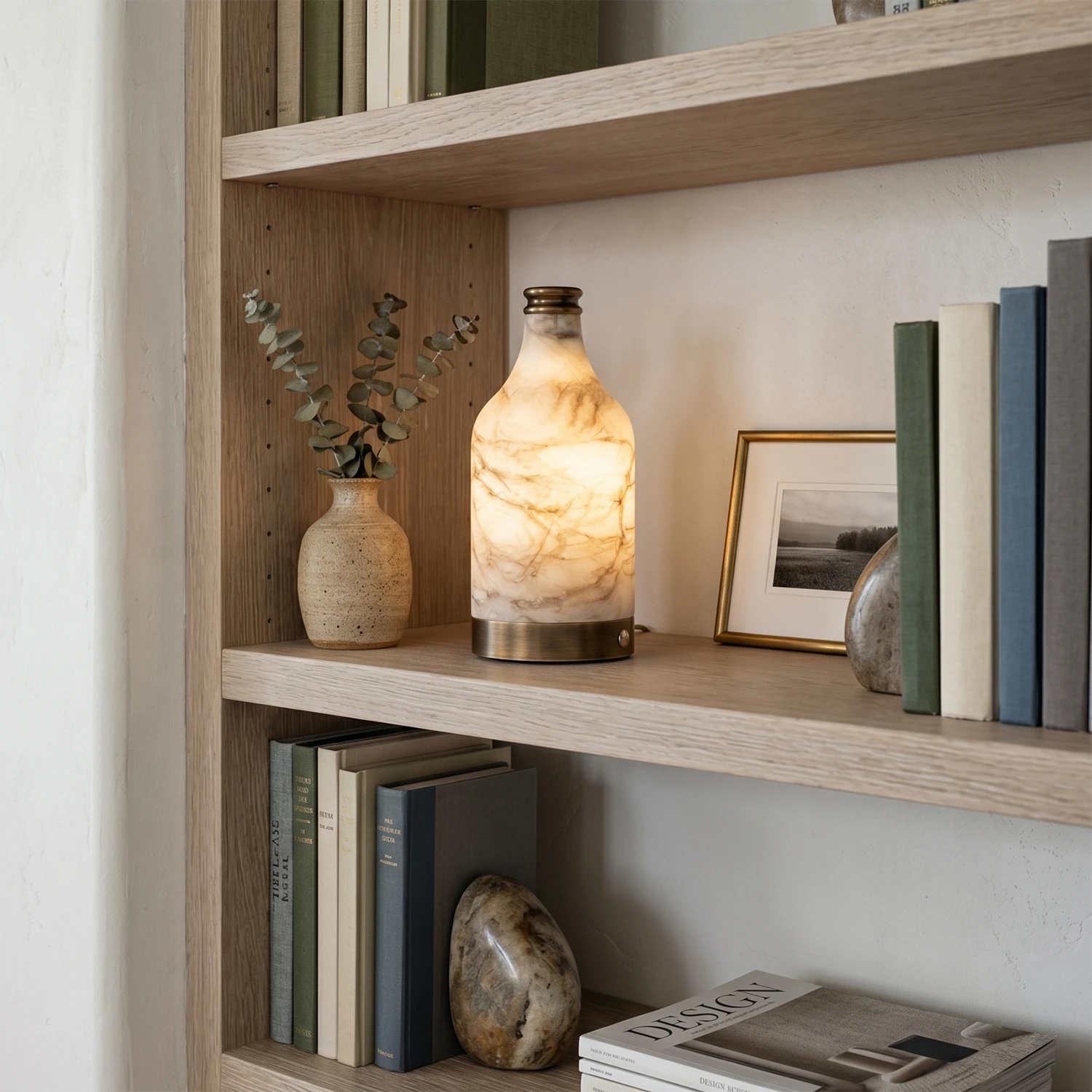 Wine Bottle Alabaster Table Lamp - Home Library Custom Wood Bookshelf Display Rack Organizer | HoaiLamp