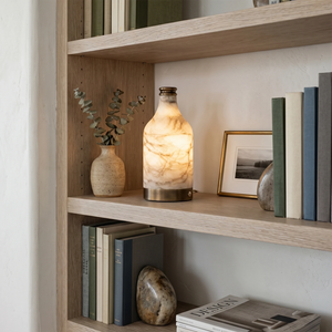 Wine Bottle Alabaster Table Lamp - Home Library Custom Wood Bookshelf Display Rack Organizer | HoaiLamp