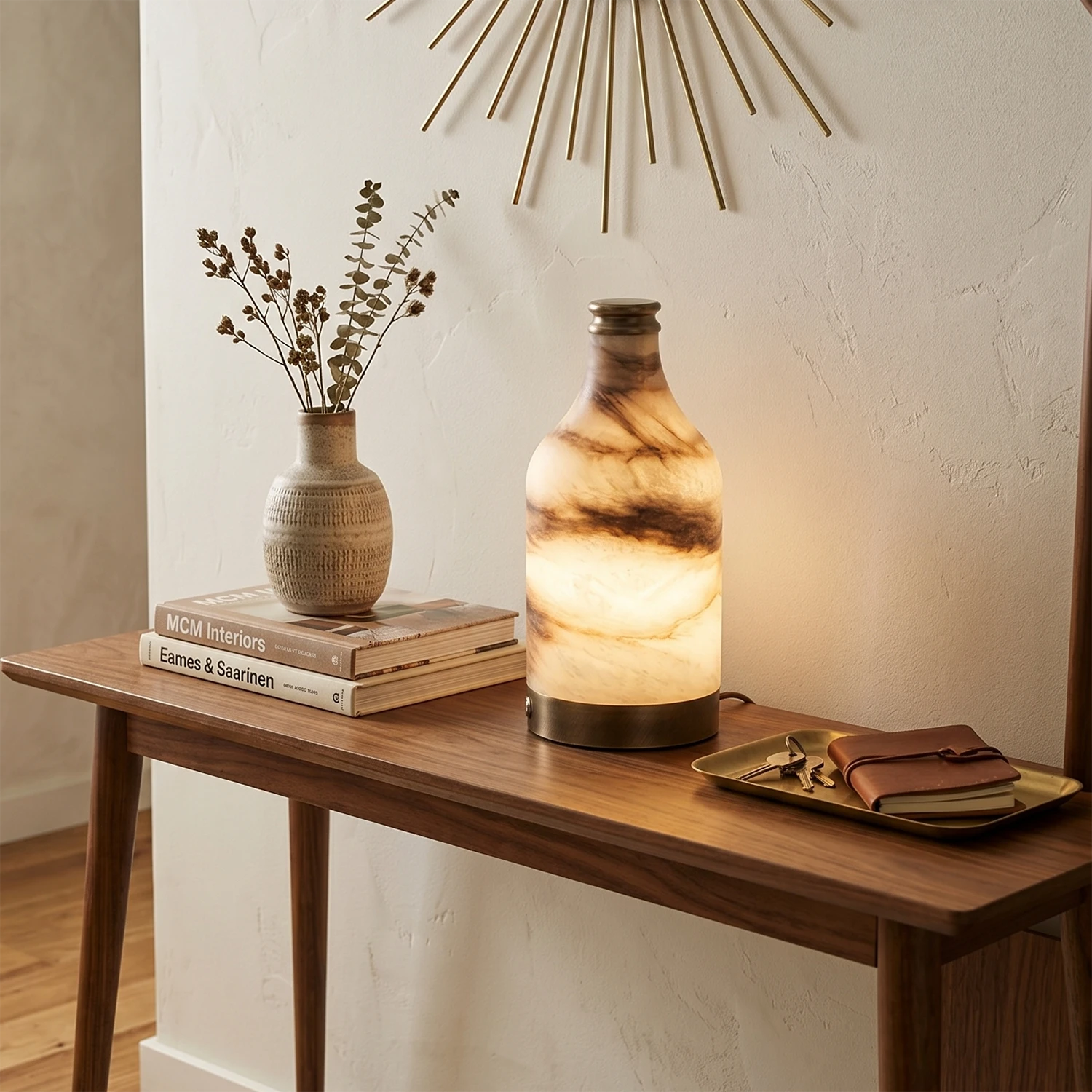 Wine Bottle Alabaster Table Lamp - Minimalist Entryway Foyer Slim Console Table Dried Botanical Vase | HoaiLamp