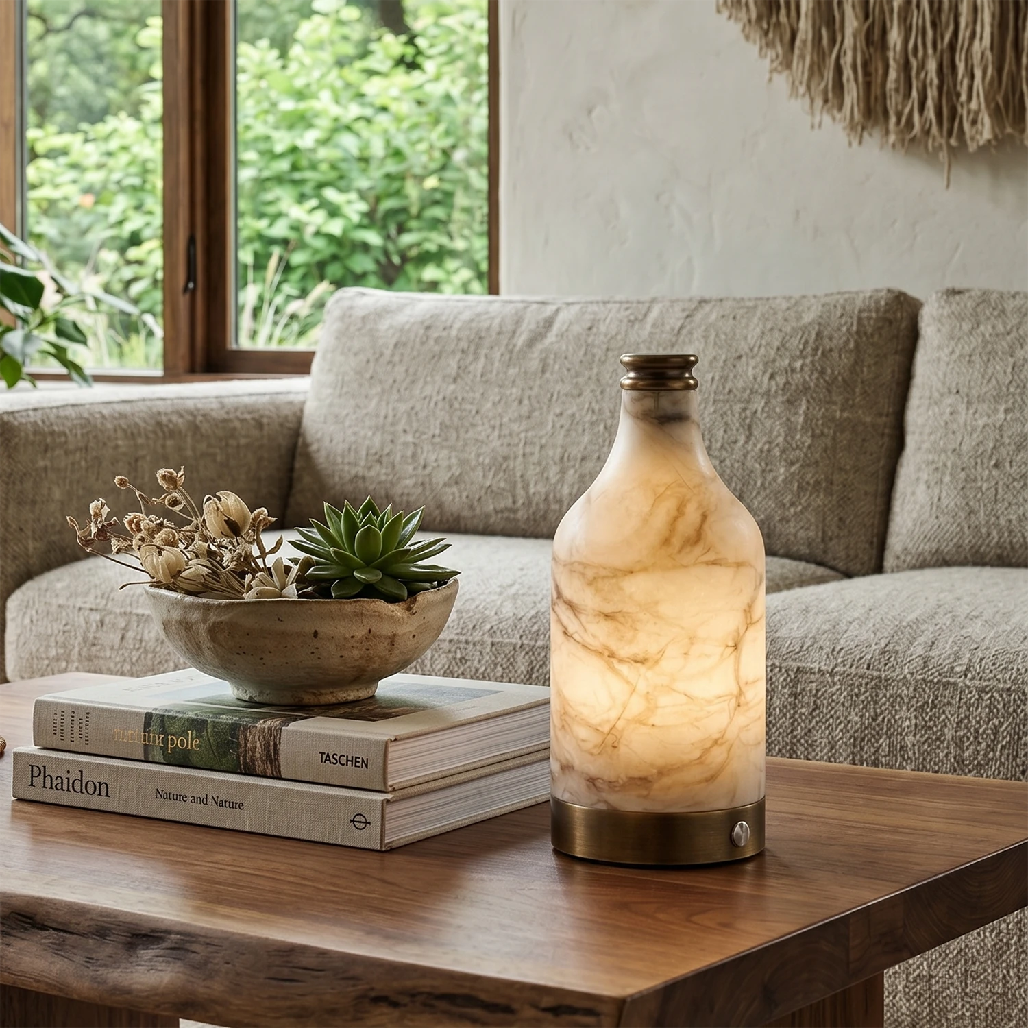 Wine Bottle Alabaster Table Lamp - Rustic Living Room Live Edge Coffee Table Succulent Bowl | HoaiLamp