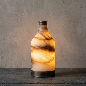 Wine Bottle Alabaster Table Lamp - Studio Dark Grey Backdrop Heavy Dark Veining Translucent Warm Lit | HoaiLamp