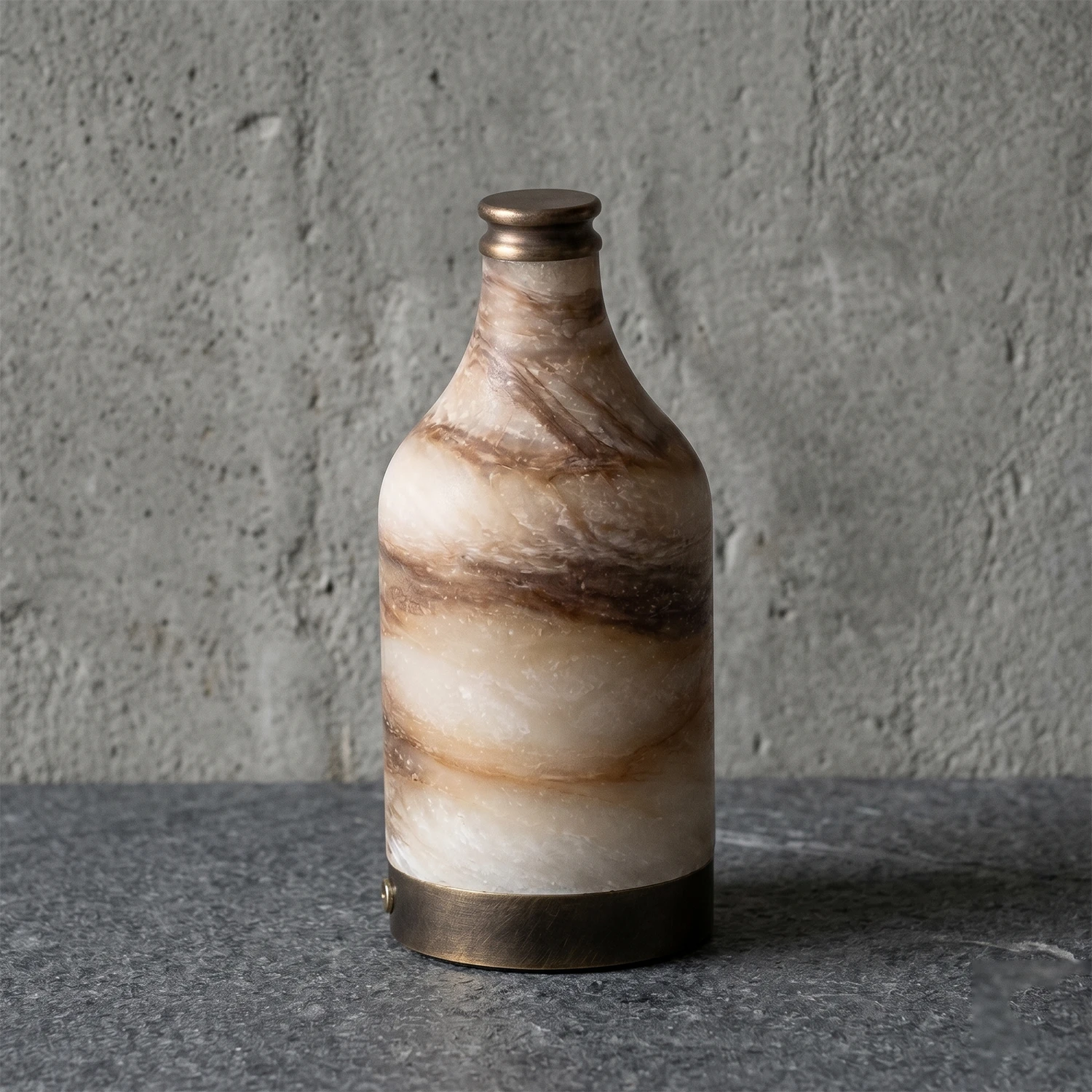 Wine Bottle Alabaster Table Lamp - Studio Dark Grey Backdrop Heavy Horizontal Veining Unlit | HoaiLamp