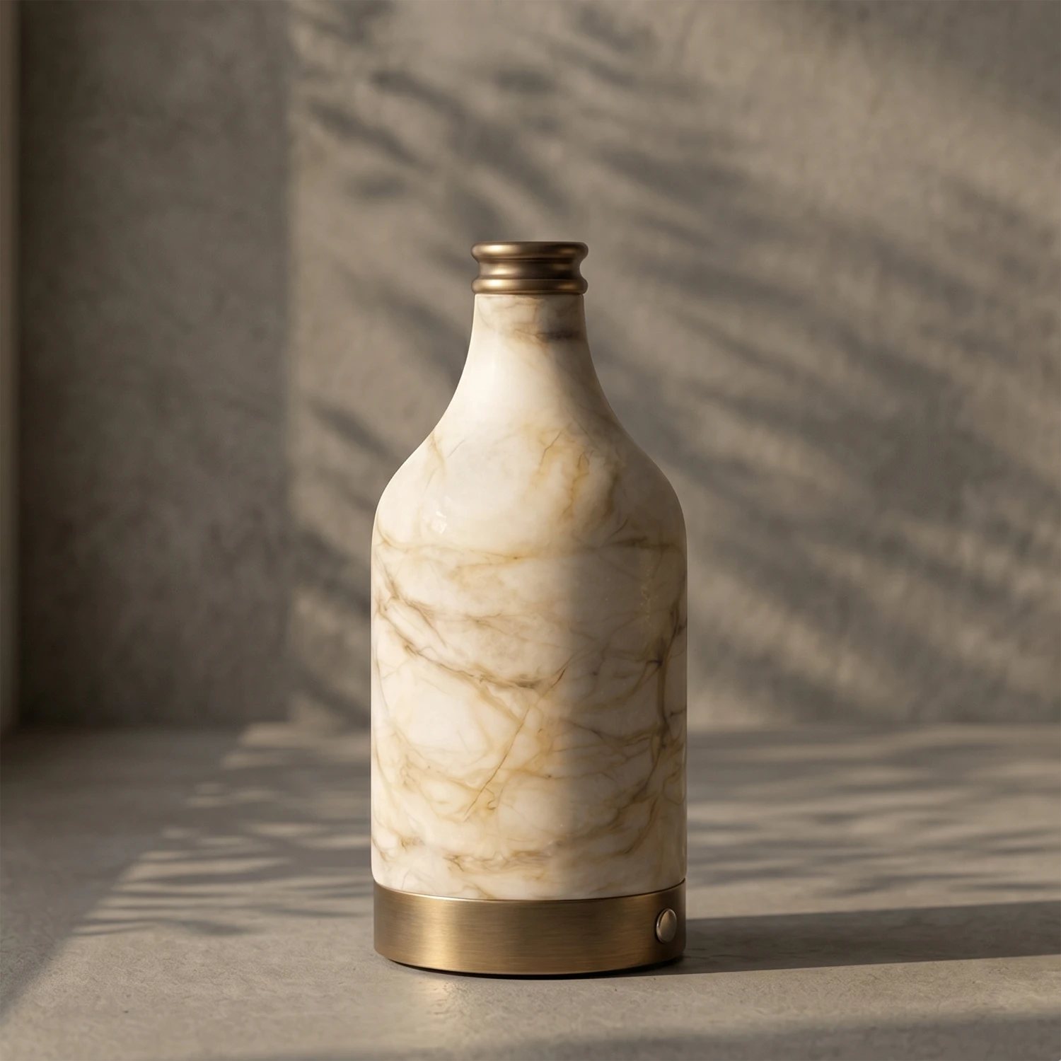 Wine Bottle Alabaster Table Lamp - Studio Grey Backdrop Soft Leaf Shadows Original Stone Color Unlit | HoaiLamp